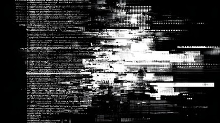 Obraz premium Abstract glitchy black and white digital screen overlay with distorted code noise texture background