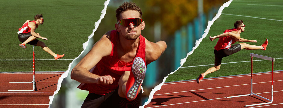 Track athlete jumping hurdles in torn paper composition. Concept of speed training campaigns, performance branding, endurance marketing visuals and dynamic sport layout design. Banner