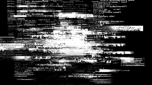 Abstract glitchy black and white digital screen overlay with distorted code noise texture background