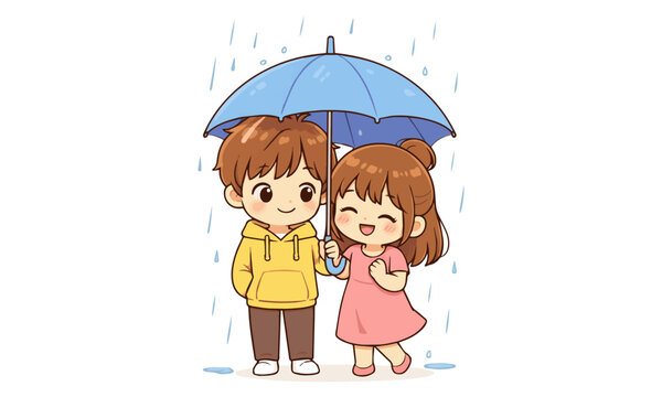 Romantic Couple Under Umbrella &ndash; Booo and Bibi Rainy Day Vector