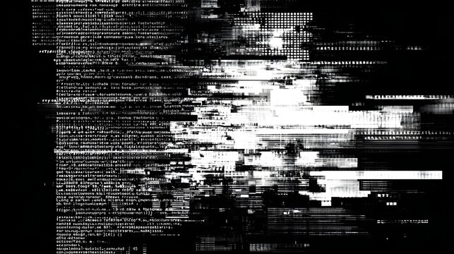 Abstract glitchy black and white digital screen overlay with distorted code noise texture background
