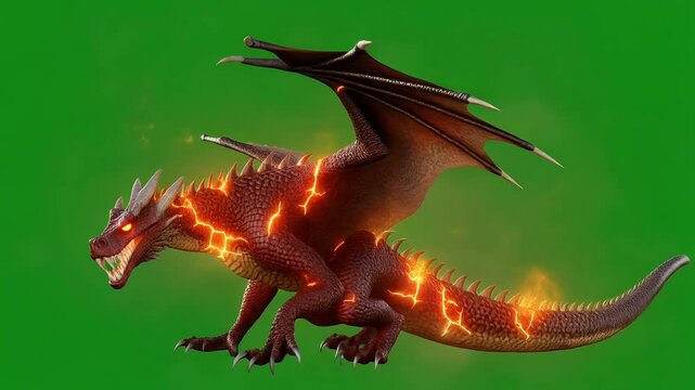 Fierce fire breathing dragon flying in slow motion 4k cinematic fantasy footage green screen