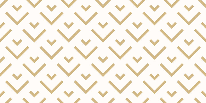 Gold and white vector geometric seamless pattern with lines, arrows, stylized fish scale grid. Simple abstract golden ornament. Modern minimal background texture. Stylish repeated geo design for print