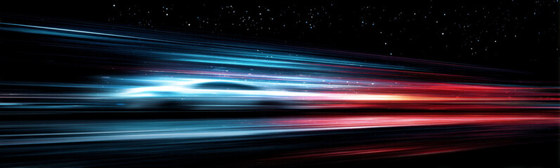 Rainbow neon streaks streak diagonally across the scene at high speed. Motion blur and glowing colors intensify the sensation of velocity. Perfect for futuristic, racing, or sci-fi overlays. © Ole moda