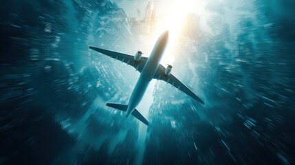 Fototapeta premium Airplane flying through abstract cityscape