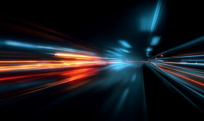 Rainbow-colored speed trails twist and flash across a dark background. Motion blur creates a sense of intense velocity. Perfect for racing, sci-fi, or neon designs. © Ole moda