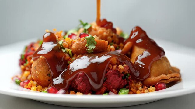 Samosa Chaat preparation with thick tamarind chutney being poured over