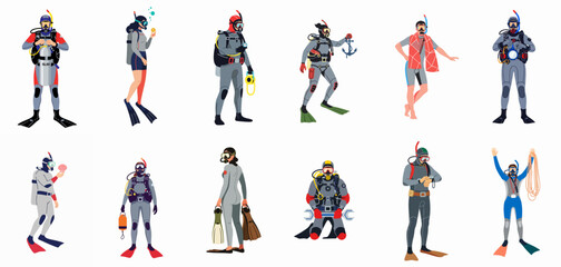 Collection of flat vector illustrations depicting professional scuba divers and snorkelers in various poses with diving equipment and accessories. © Siji