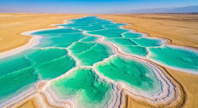 Stunning Aerial View of Dead Sea Salt Deposits, Emerald Pools, and Desert Landscape in Israel