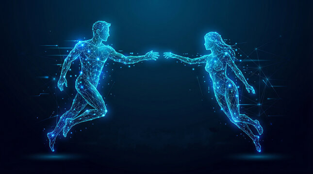 Futuristic Digital Wireframe of Male and Female Figures Reaching Out
