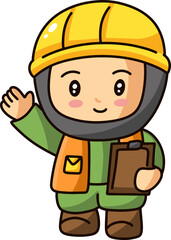 Fototapeta premium Cute Construction Worker Waving Hello Cartoon