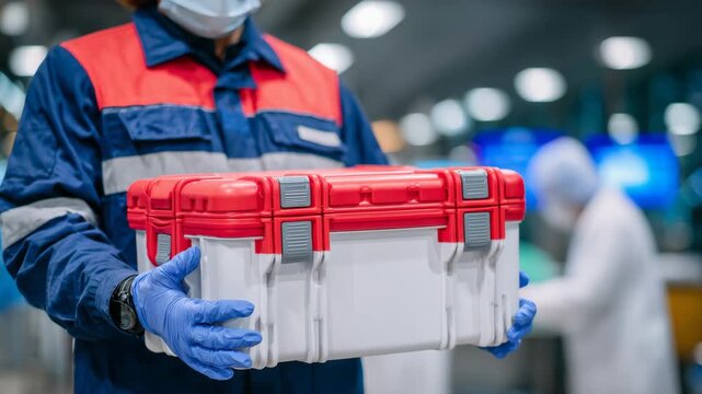 191Medical technician carrying a red and white organ transport cooler, close-up view, gloves and uniform visible, hospital operating area in soft focus, concept of organ transplantati