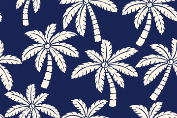 Palm tree seamless pattern with white tropical silhouettes on navy blue background for fabric textile wallpaper wrapping paper and coastal resort design.