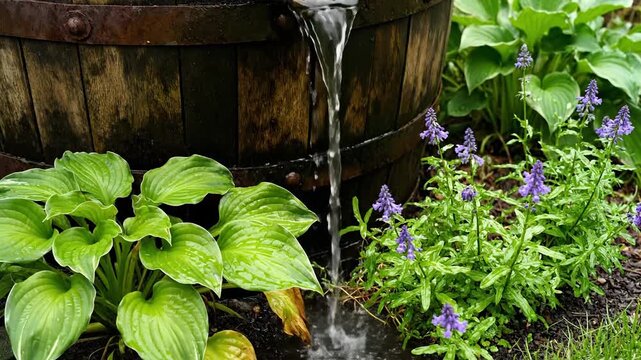 Water fountain feature made from rustic barrel surrounded by plants