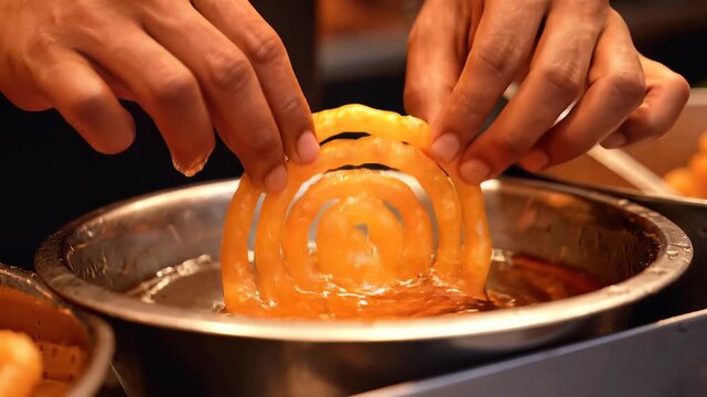 Jalebi Indian sweet being dipped in sugar syrup preparation close up