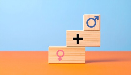 Wooden blocks stacked in staircase arrangement with female symbol plus sign and male symbol on two tone background symbolizing gender unity balance and relationship concept
