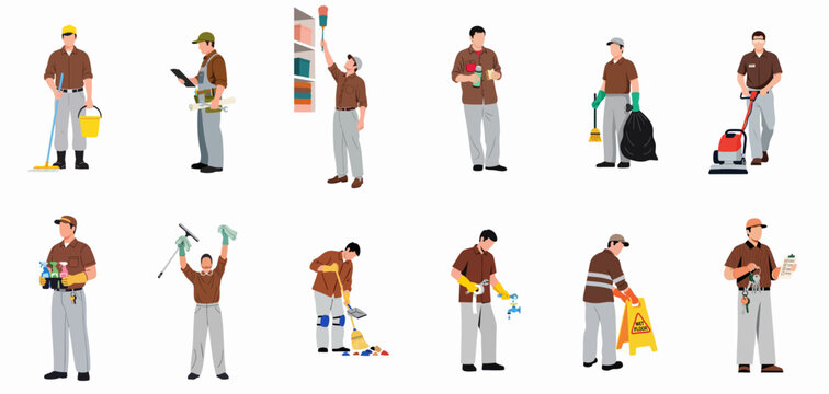 Professional facility management and janitorial staff illustrations performing diverse cleaning, maintenance, and repair services.