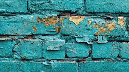 Weathered teal brick wall with areas of exposed, flaking gold-toned undercoat, showing texture and age