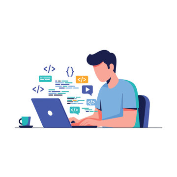 A cartoon illustration of a man sitting at a desk working on a laptop with coding symbols around him in a cute and modern style.