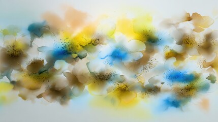 Colorful floral-like abstract washes with blue yellow and brown hues blend together in a soft composition showcasing multiple patterns and forms