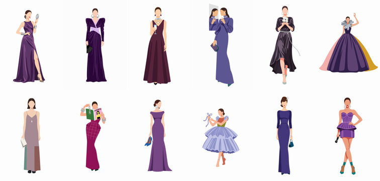 Vector set of diverse fashionable women in elegant purple and burgundy evening gowns and couture outfits, ready for a glamorous formal event or red carpet gala.