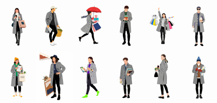 Collection of diverse modern people in gray trench coats engaging in urban daily activities, errands, and shopping.