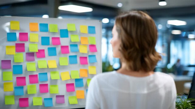 Back view of a woman studying a whiteboard filled with multicolored sticky notes arranged in logical clusters, strategic planning and project management atmosphere, bright professi