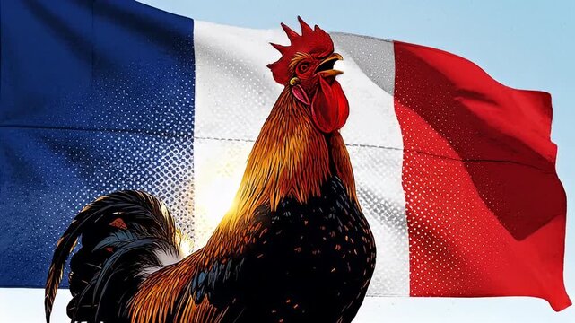 Majestic rooster proudly standing in front of waving French national flag