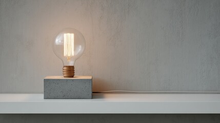 Lit bulb lamp on a block base, illuminating simple elegance against a textured neutral wall