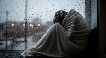 Person sitting alone on a rainy day.