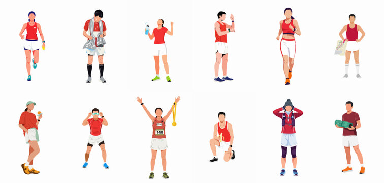Vector illustration set of diverse runners engaged in activities like running, training, stretching, hydrating, and celebrating a marathon or race victory.