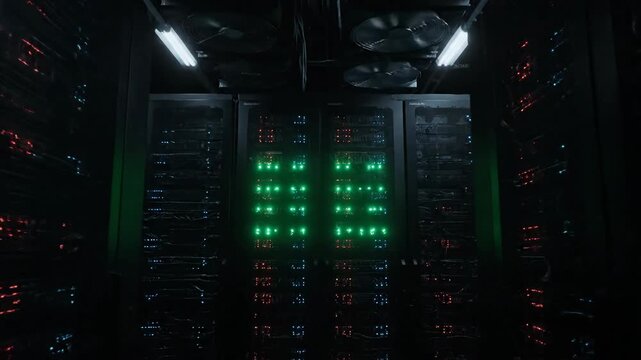 Server racks with blinking lights in a dark data center setting