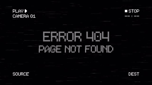 EROR 404 PAGE NOT FOUND text animation with digital distortion effect. 4K video on black background