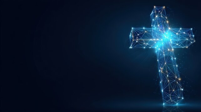 A digitally rendered glowing cross, radiating spirituality and faith. The luminous network evokes reverence and spiritual connection. ..Created with Generative AI, not depicting real subjects.