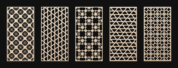 CNC, laser cut patterns set. Vector collection of abstract geometric ornament, wavy grid, net, lattice. Decorative stencil for laser cutting of wooden panel, metal, plastic, paper. Aspect ratio 1:2 © Olgastocker