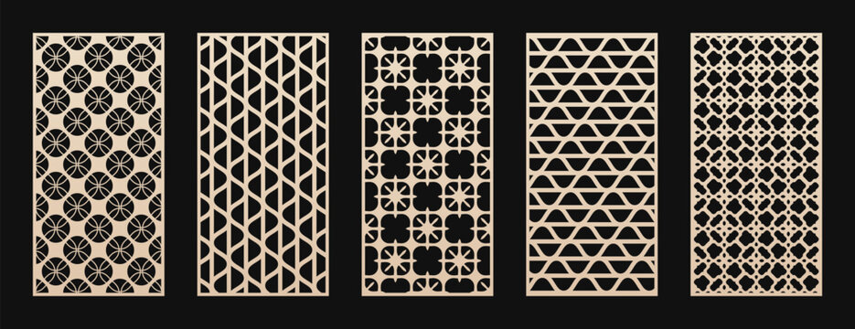 CNC, laser cut patterns set. Vector collection of abstract geometric ornament, wavy grid, net, lattice. Decorative stencil for laser cutting of wooden panel, metal, plastic, paper. Aspect ratio 1:2