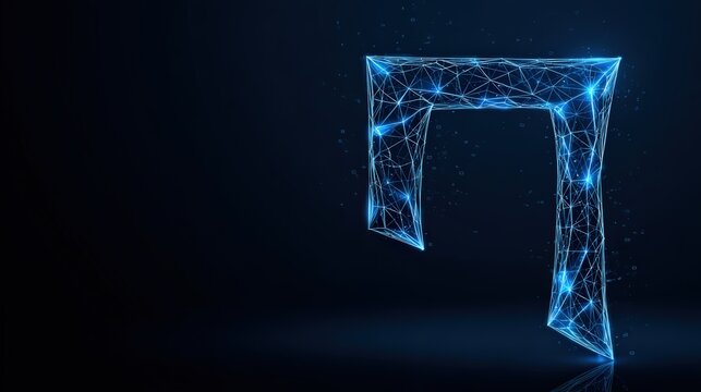 A mesmerizing low-poly digital rendering of the Hebrew letter Nun illuminates a world of connection in a mystical. ..Created with Generative AI, not depicting real subjects.