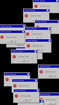 Computer error alert popups filling the screen. Old os critical system crash Mouse click fix button to repair. Vertical phone failure with multiple error windows covering display. Mobile hacker attack