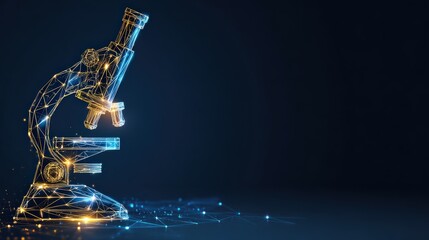 A captivating digital rendering of a laboratory microscope against a dark blue background. Representing the realms of science, research. ..Created with Generative AI, not depicting real subjects.