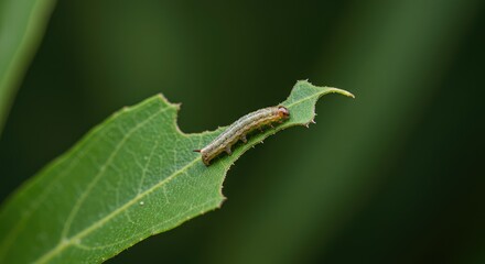 Greenish brown small larva crawls slowly across a damaged leaf edge, feeding on the agricultural crop during a warm season ,botany ,tiny ,vegetation