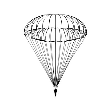Illustration of a parachute with a person hanging below it against a white background in black outline