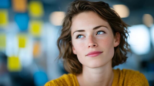 Close-up of a woman observing a whiteboard with neatly arranged sticky notes, focused gaze, organized workflow and strategic planning reflected in the visual structure