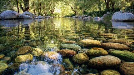 Fototapeta premium Serene stream view sunlit water reflects trees, showcasing smooth stones below