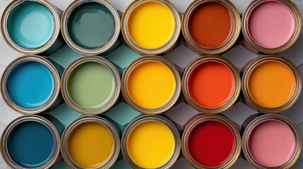 Fototapeta premium Colorful Array of Paint Cans in Various Shades for Home Decoration and Artistic Projects