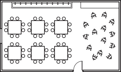 Obraz premium Meeting room setup, showcasing tables and chairs arranged for both small group discussions and larger presentations.