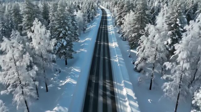 High speed train traveling through a snowy winter forest aerial view