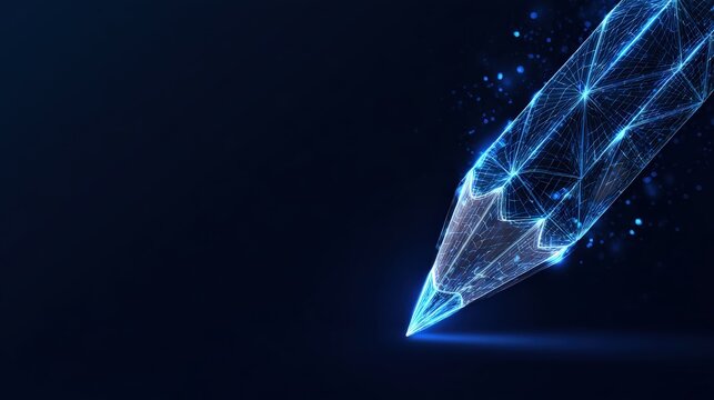 Digital innovation depicted as a glowing pen, crafted from interconnected lines of light, poised to write on a dark backdrop. ..Created with Generative AI, not depicting real subjects.