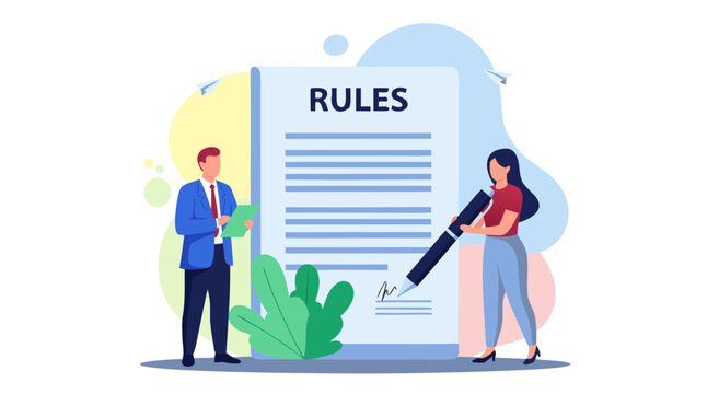Vector illustration of two people reviewing and signing a document labeled 'RULES' with a pen, symbolizing agreement and compliance