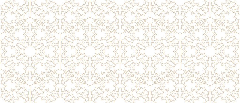 Subtle minimalist vector seamless pattern. Elegant golden background texture with thin outline floral shapes, curls, grid. Abstract gold and white ornament. Repeated design for decor, print, wallpaper