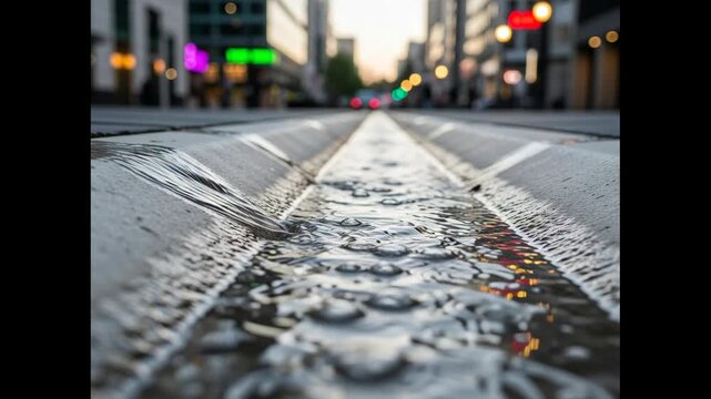 Close up of water flowing through a street gutter with blurred cityscape background